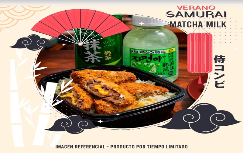 Combo Verano Samurai Matcha Milk — menchi katsu con queso y té de matcha
